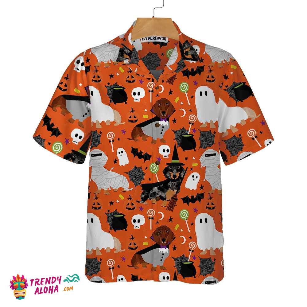Dachshunds On Halloween Hawaiian Shirt, Spooky Dachshund Shirt, Funny Halloween Shirt For Men And Women