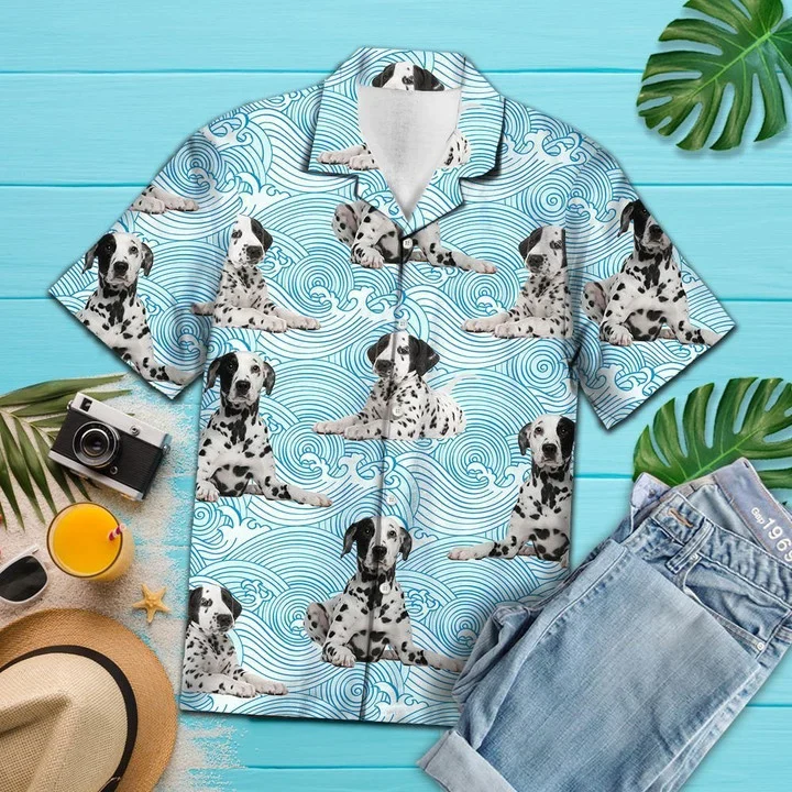 Dalmatian Lying Down On Blue Waves Pattern Trendy Hawaiian Shirt Dalmatian Lying Down On Blue Waves Pattern Trendy Hawaiian Shirt