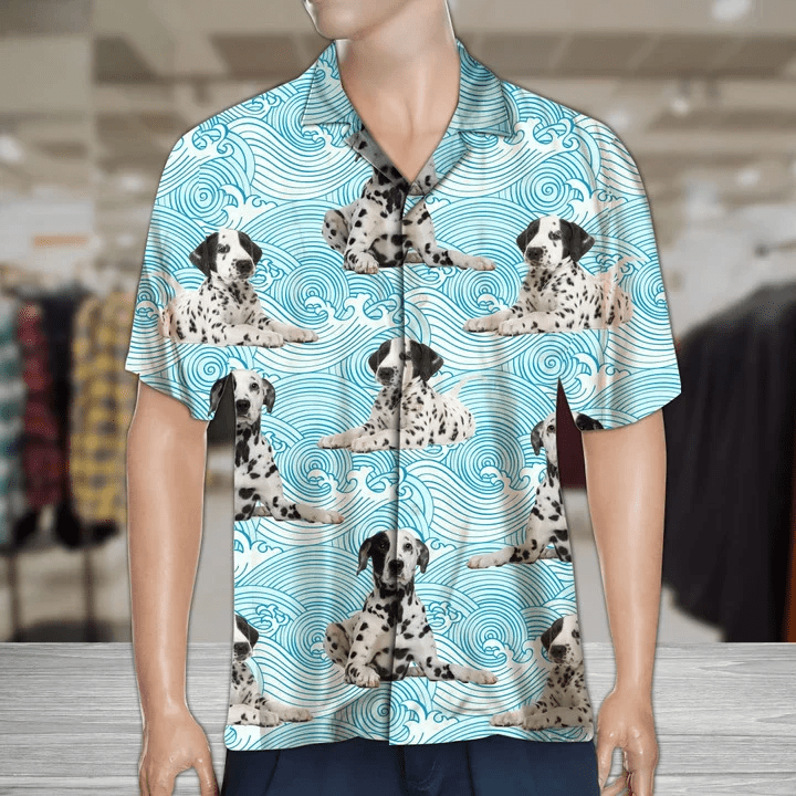 Dalmatian Lying Down On Blue Waves Pattern Trendy Hawaiian Shirt