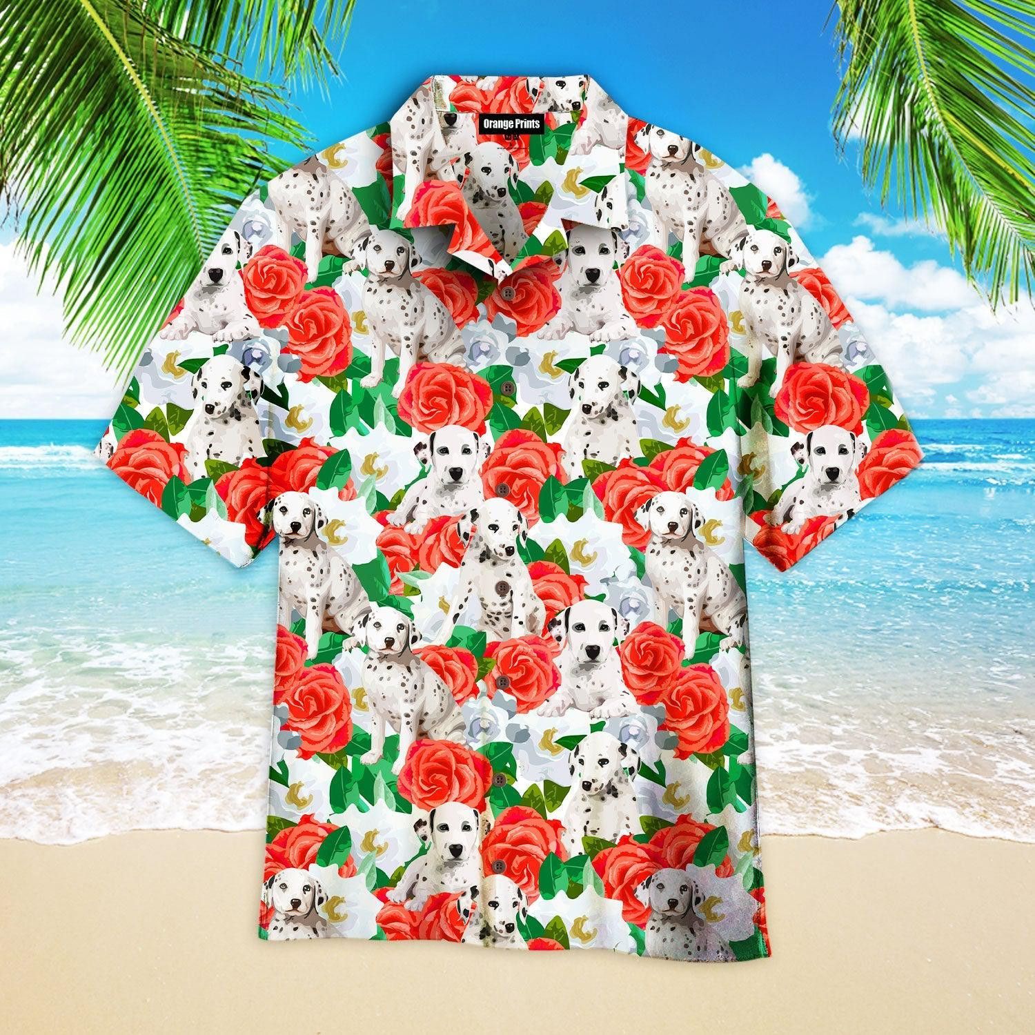 Dalmatins Dog In Red Flowers Trendy Hawaiian Shirt