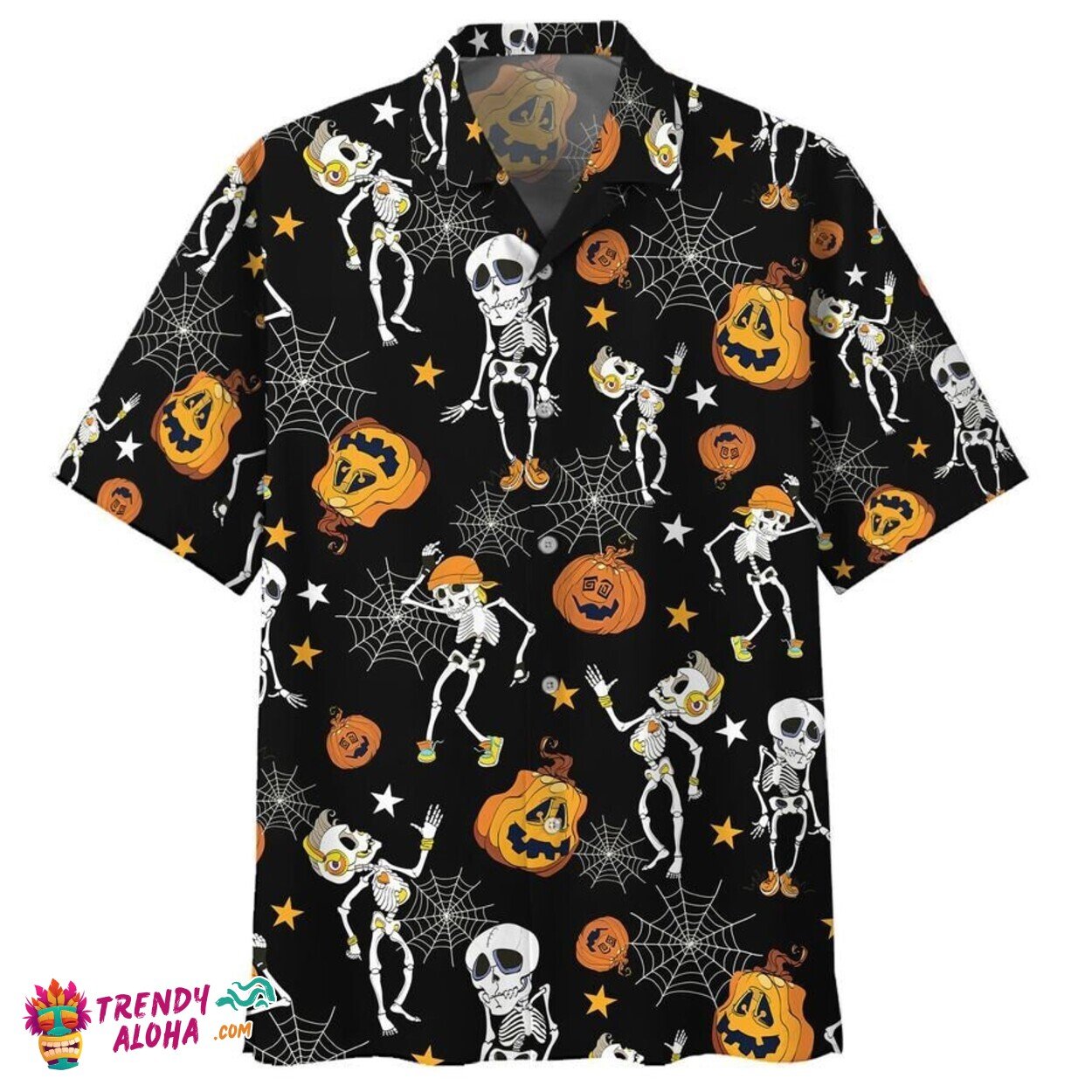 Dancing Skeletons and Pumpkins Black Premium Hawaiian Halloween