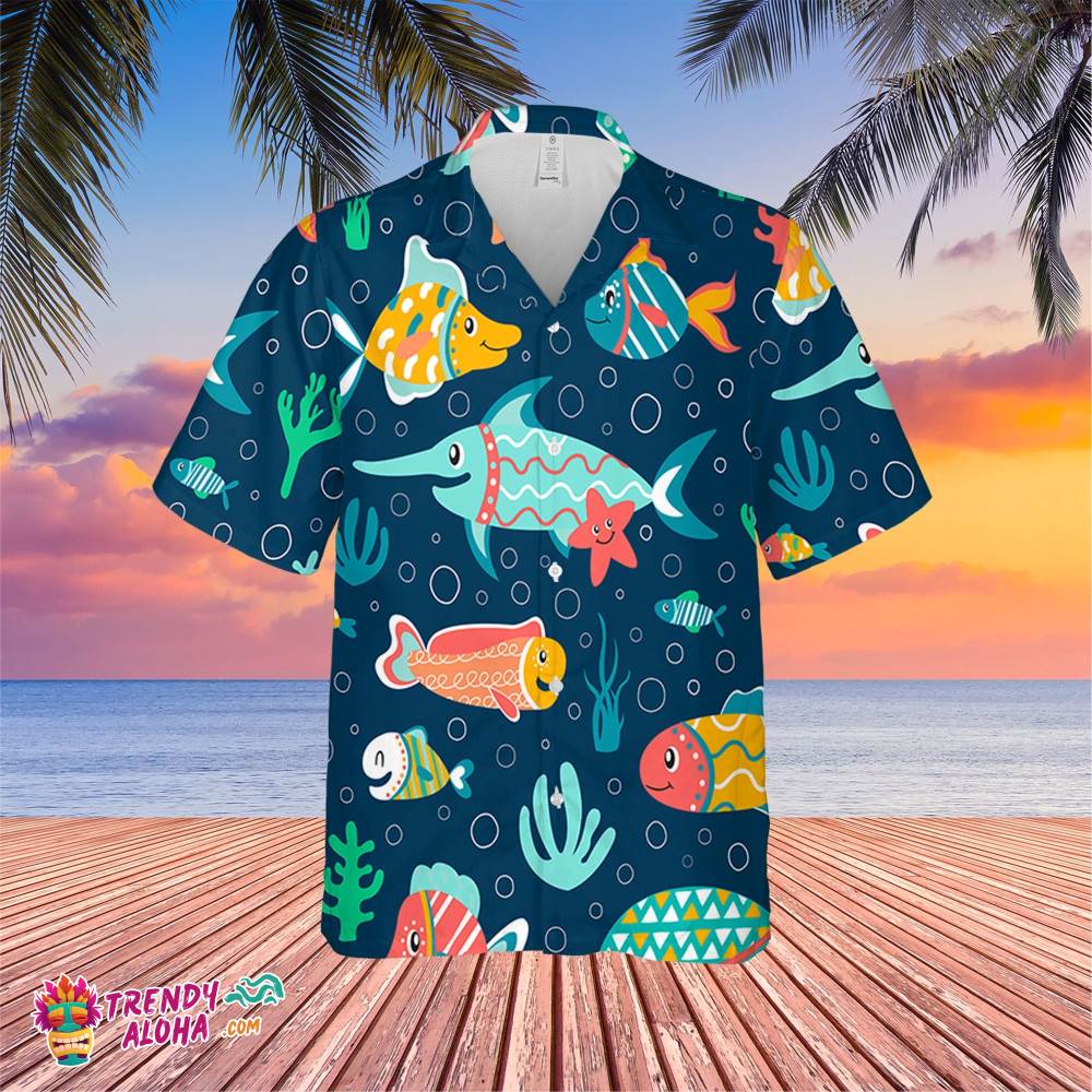Dark Blue Color Fish Trending Hawaiian Shirt, Summer Vacation Hawaiian Shirt