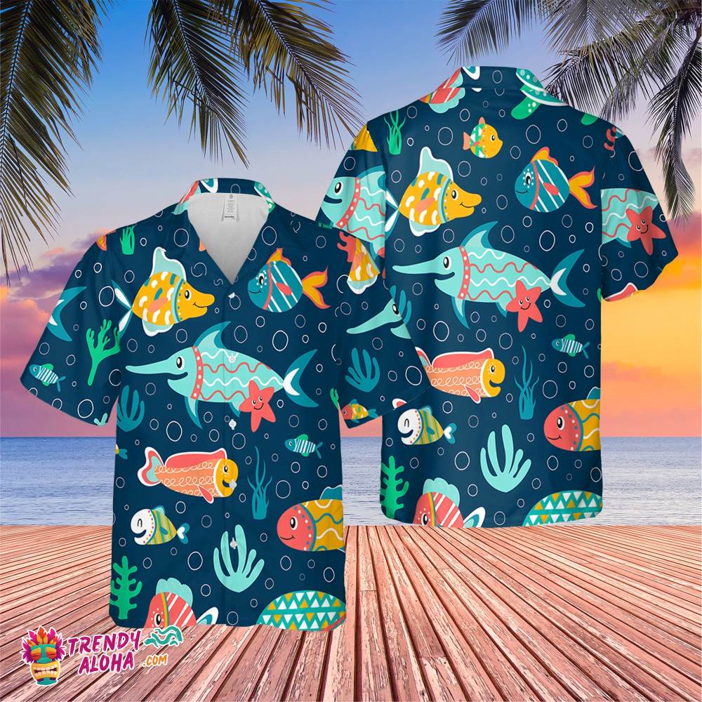Dark Blue Color Fish Trending Hawaiian Shirt, Summer Vacation Hawaiian Shirt
