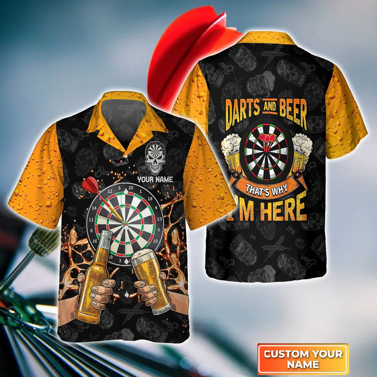 Darts And Beer That’s Why I’m Here Gold Trendy Hawaiian Shirt, Darts Trendy Hawaiian Shirt For Men, Women, Darts Team Shirt