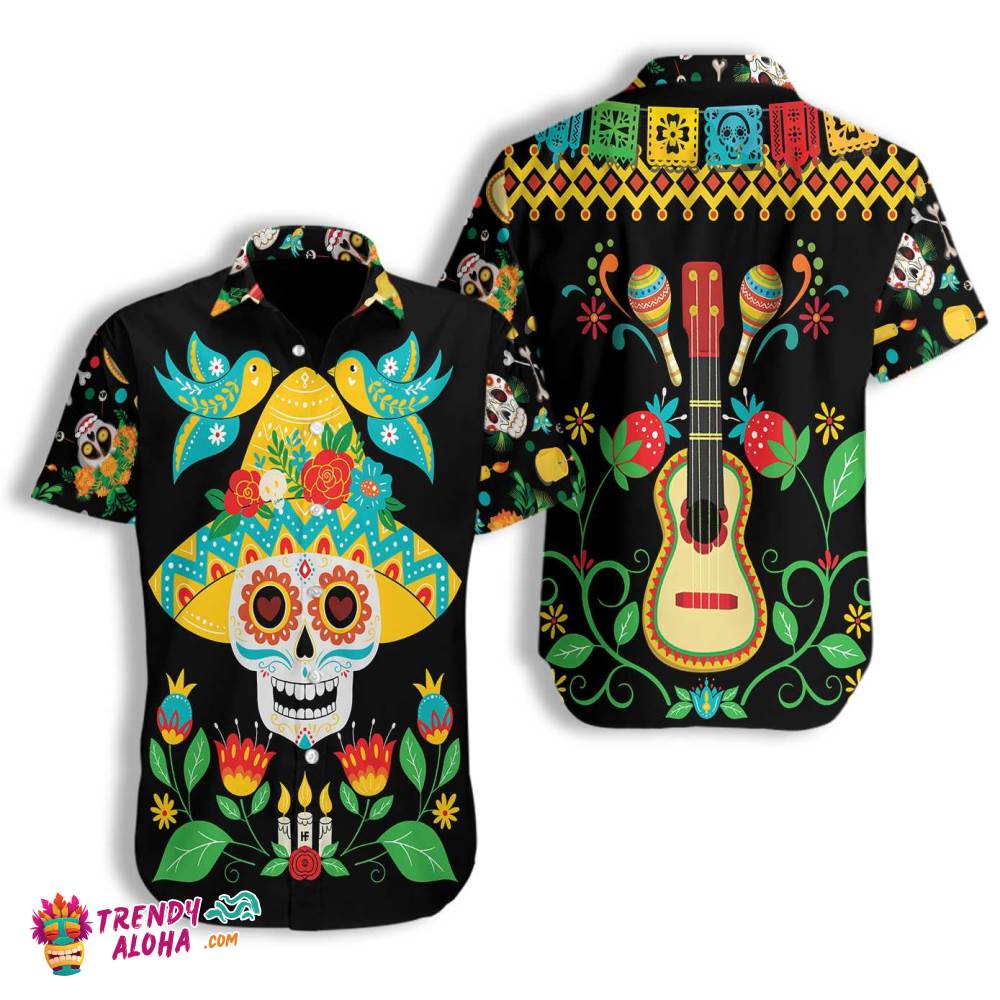 Day Of Dead Sugar Skull And Guitar Hawaiian Shirt, Funny Mexican Skull Halloween Shirt, Best Halloween Gift