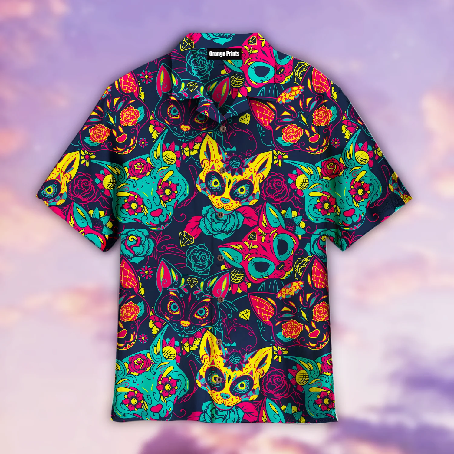 Day Of The Dead Colorful Sugar Cat Skull With Floral Trendy Hawaiian Shirt