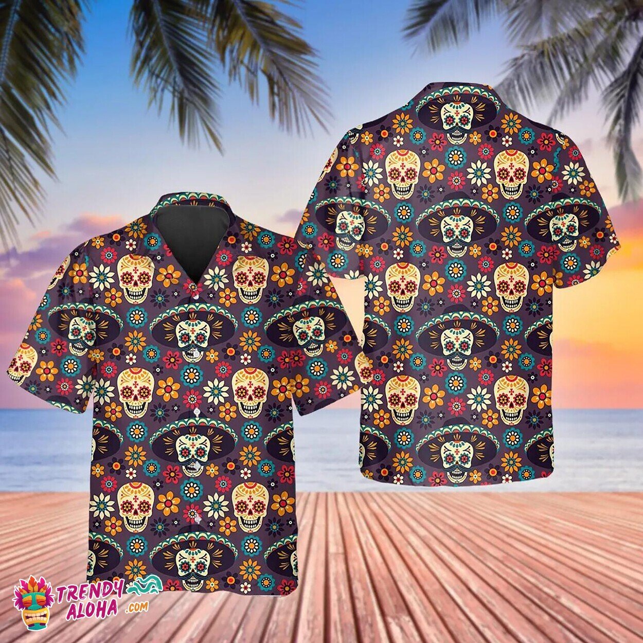 Day Of The Dead Skull Pattern Aloha Short Sleeve Hawaiian Shirt