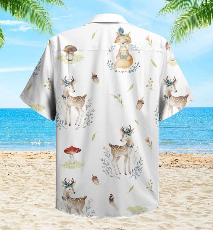 Deer And Fox White Trendy Hawaiian Shirt 3D, Fox Lover Trendy Hawaiian Shirt For Summer Gifts