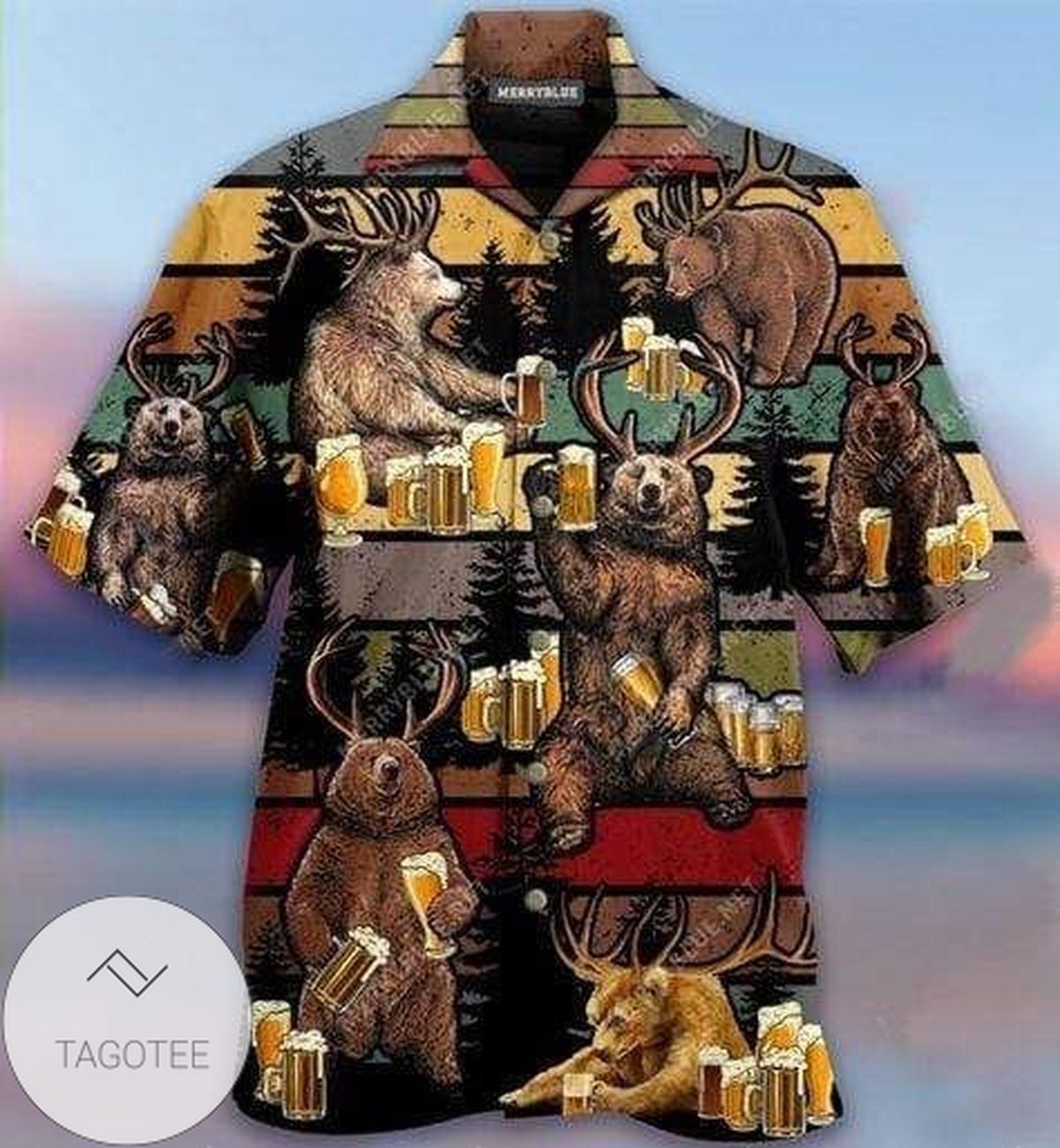 Deer Bear Enjoying a Cold Beer Together on Hawaiian Shirt