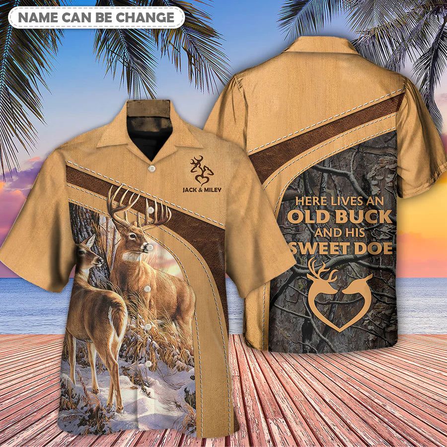Deer Here Lives An Old Buck And His Sweet Doe Personalized Hawaiian Shirt Deer Here Lives An Old Buck And His Sweet Doe Personalized Hawaiian Shirt