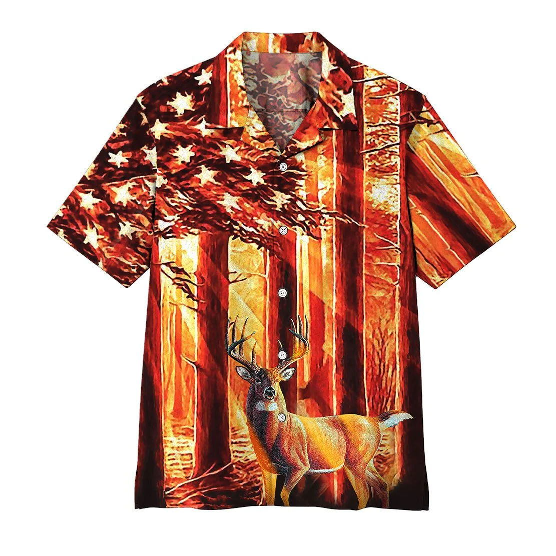 Deer Hunting Shirt Orange Deer Forest Hawaiian Shirt Hunting Aloha Shirt