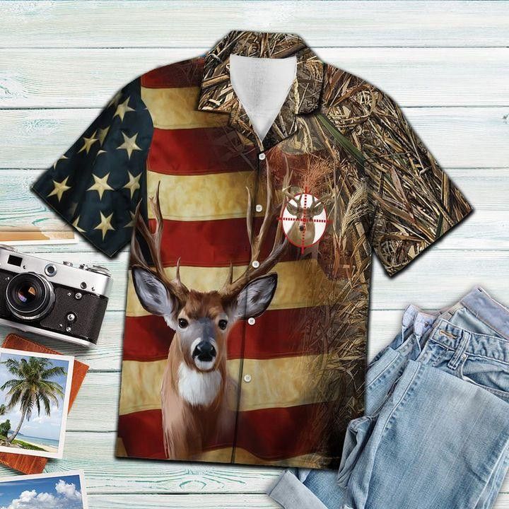 Deer Us Flag 3D Hawaiian Shirt Patriotic Touch Wildlife Elegance