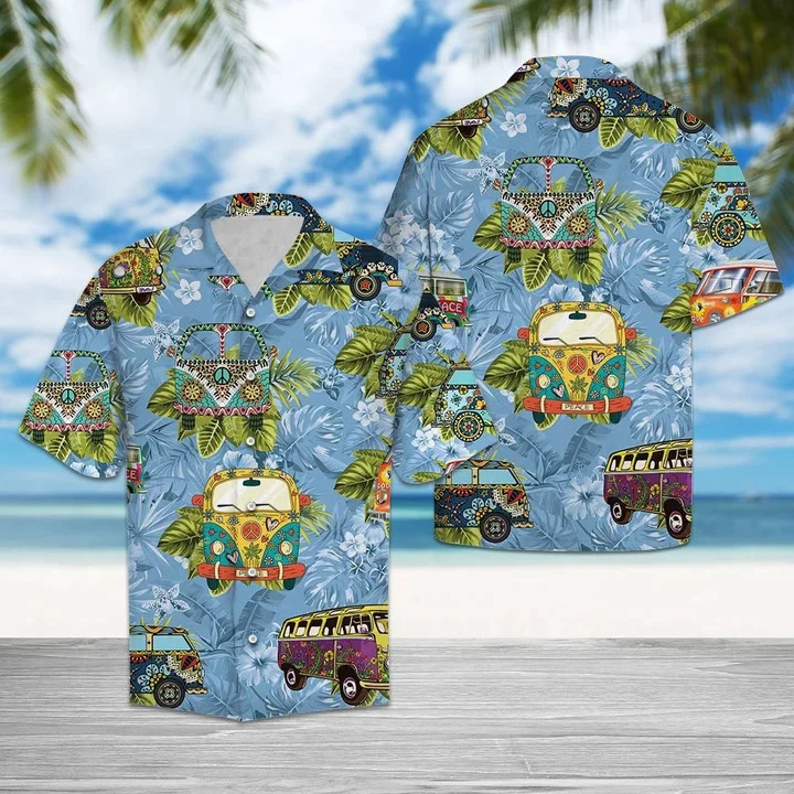 Deluxe Tropical Hippie Bus Mix Blue Theme Trendy Hawaiian Shirt