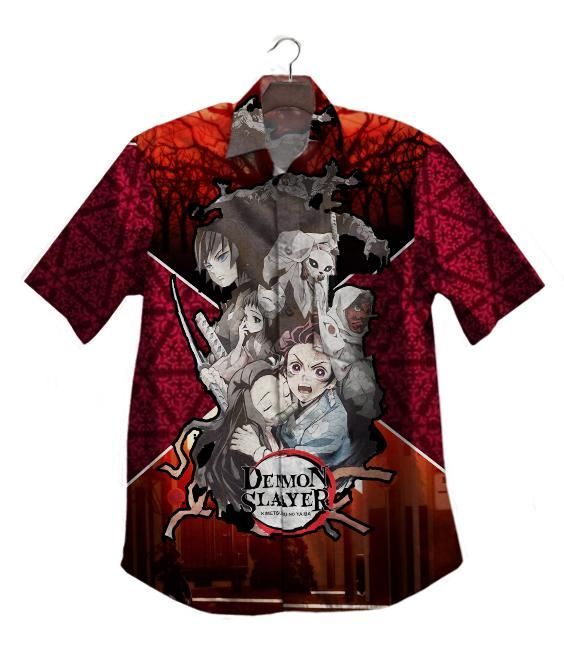 Demon Slayer Hawaii Shirt Tanjiro Nezuko Giyu Tomioka Red Grey Kimetsu No Yaiba Logo Hawaiian Shirt Demon Slayer Aloha Shirt