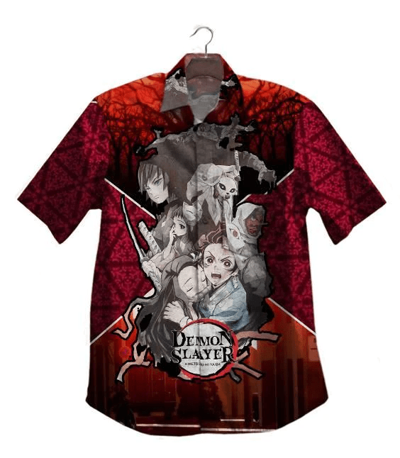 Demon Slayer Hawaii Shirt Tanjiro Nezuko Giyu Tomioka Red Grey Kimetsu No Yaiba Logo Trendy Hawaiian Shirt Demon Slayer Aloha Shirt