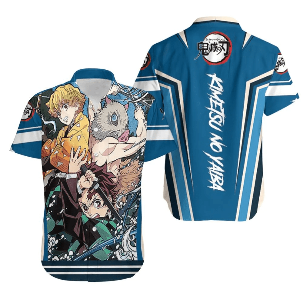 Demon Slayer Hawaii Shirt Tanjiro Zenitsu Inosuke Blue Kimetsu No Yaiba Trendy Hawaiian Shirt Demon Slayer Aloha Shirt