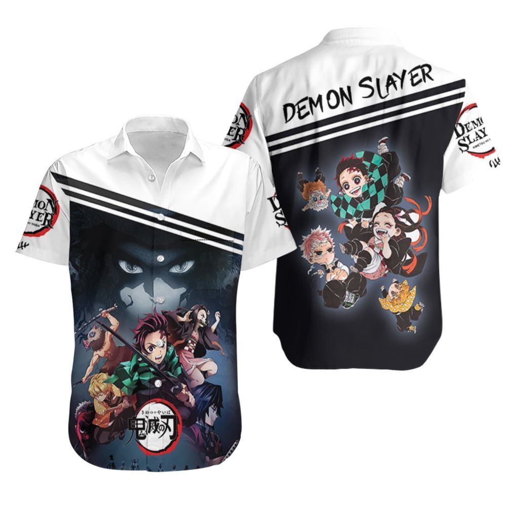 Demon Slayer Hawaiian Shirt Fighting Muzan Kibutsuji Black White Kimetsu No Yaiba Logo Hawaii Shirt Demon Slayer Aloha Shirt