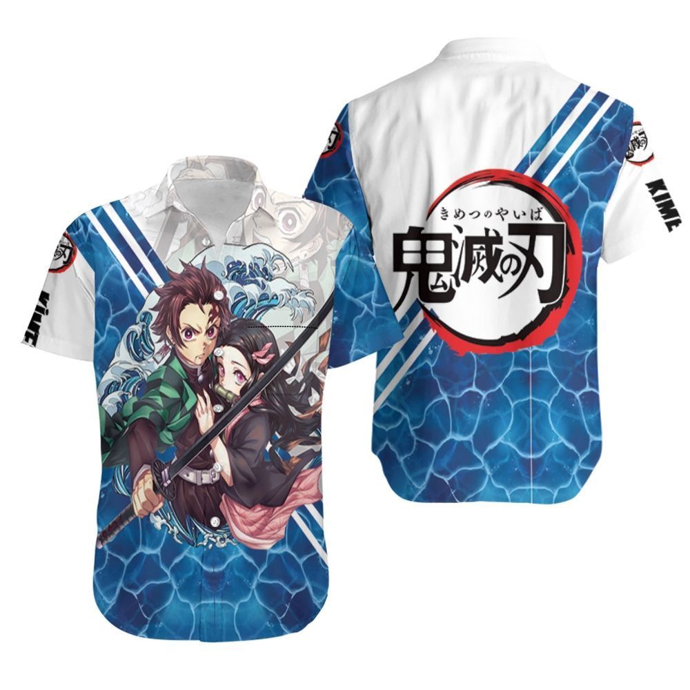 Demon Slayer Hawaiian Shirt Tanjiro Nezuko Kamado Ocean Blue Kimetsu No Yaiba Logo Hawaii Shirt Demon Slayer Aloha Shirt