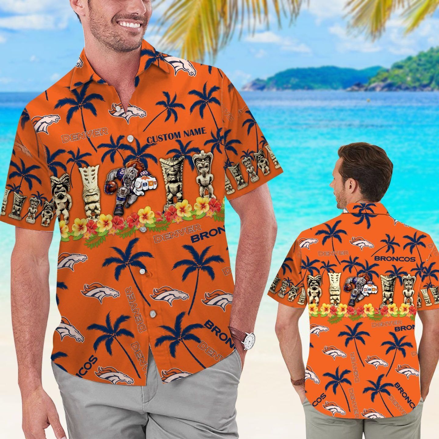 Denver Broncos Name Personalized Short Sleeve Button Up Tropical Hawaiian Shirt