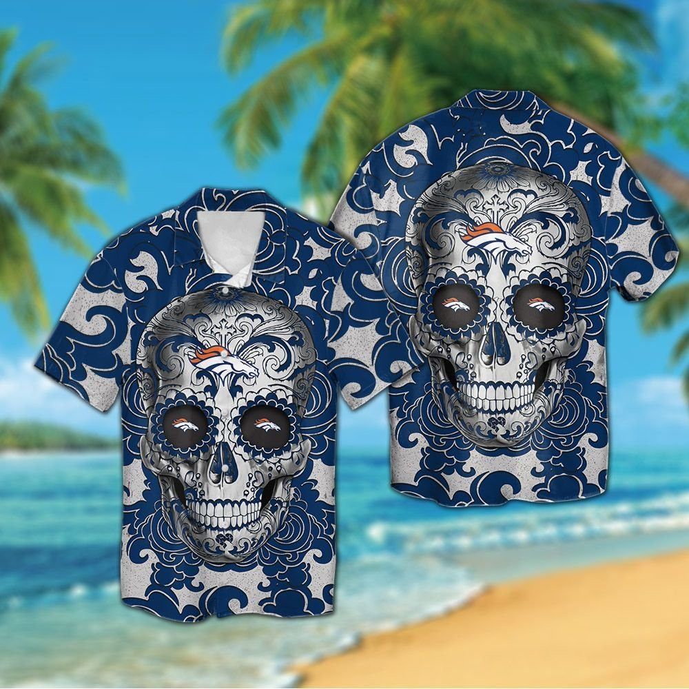 Denver Broncos Sugarskull Short Sleeve Button Up Tropical Hawaiian Shirt