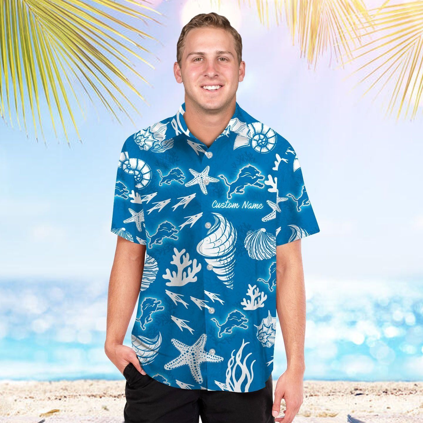 Detroit Lions Name Personalized Short Sleeve Button Up Tropical Hawaiian Shirt