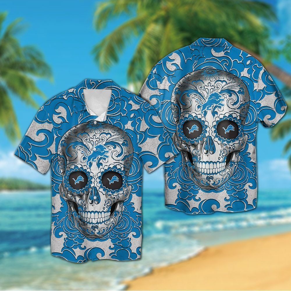 Detroit Lions Sugarskull Short Sleeve Button Up Tropical Hawaiian Shirt