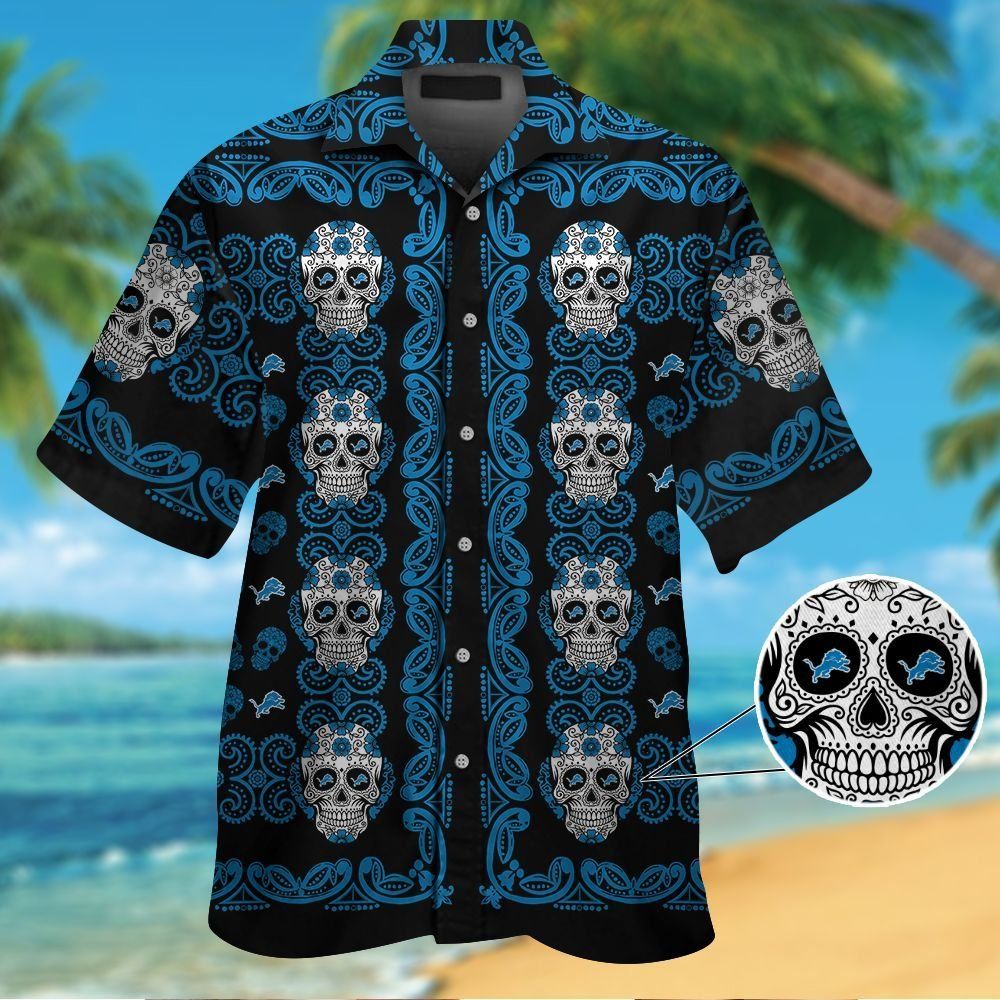 Detroit Lionsskull Short Sleeve Button Up Tropical Hawaiian Shirt VER01