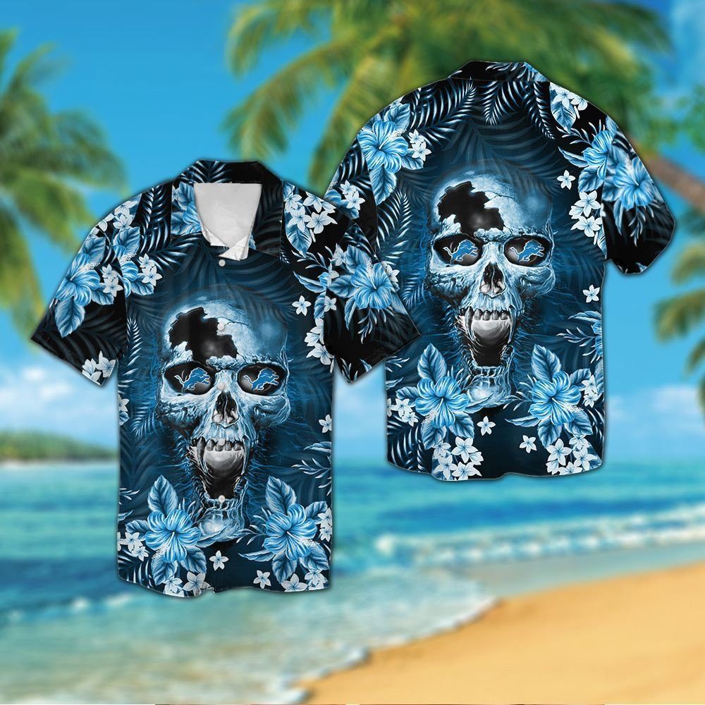 Detroit Lionsskull Short Sleeve Button Up Tropical Hawaiian Shirt VER02