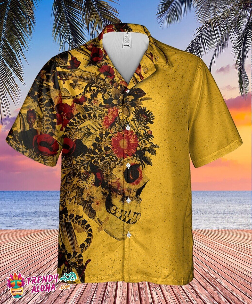 Devil Skull Snake Flowers Halloween Yellow Hawaiian Aloha Shirt Men