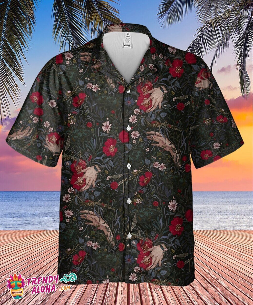 Devil’s Hand Amidst Horror Florals Black Men’s Hawaiian Shirt