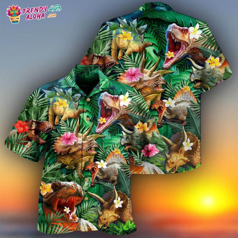Dinosaur Aloha Style Tropical Floral Hawaiian Shirt – Trendy Aloha