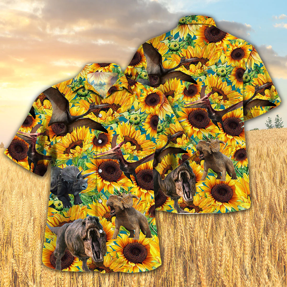 Dinosaur Amidst Sunflowers 3D Hawaiian Shirt Vibrant Printed Style