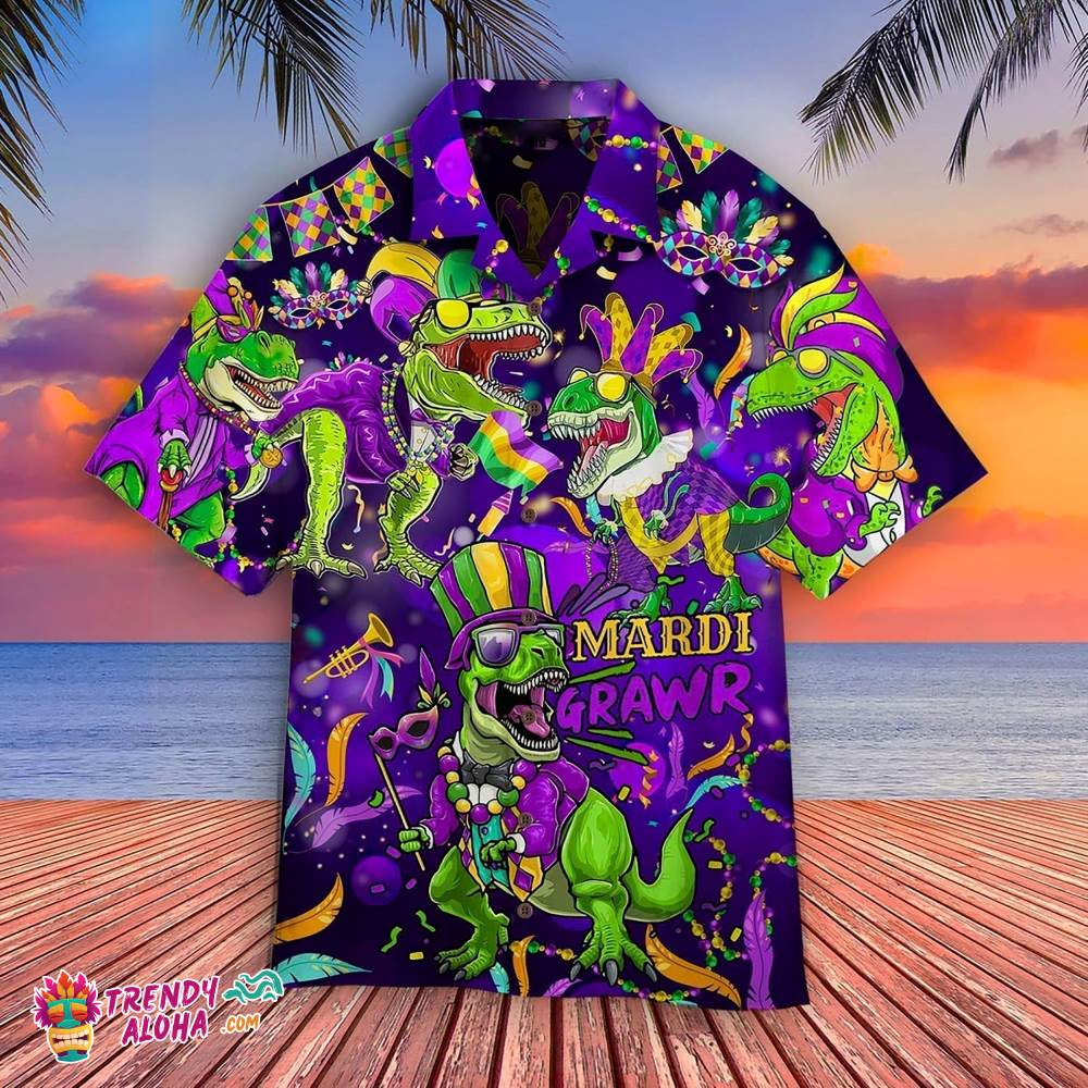 Dinosaur Happy Mardi Gras Aloha Hawaiian Shirts