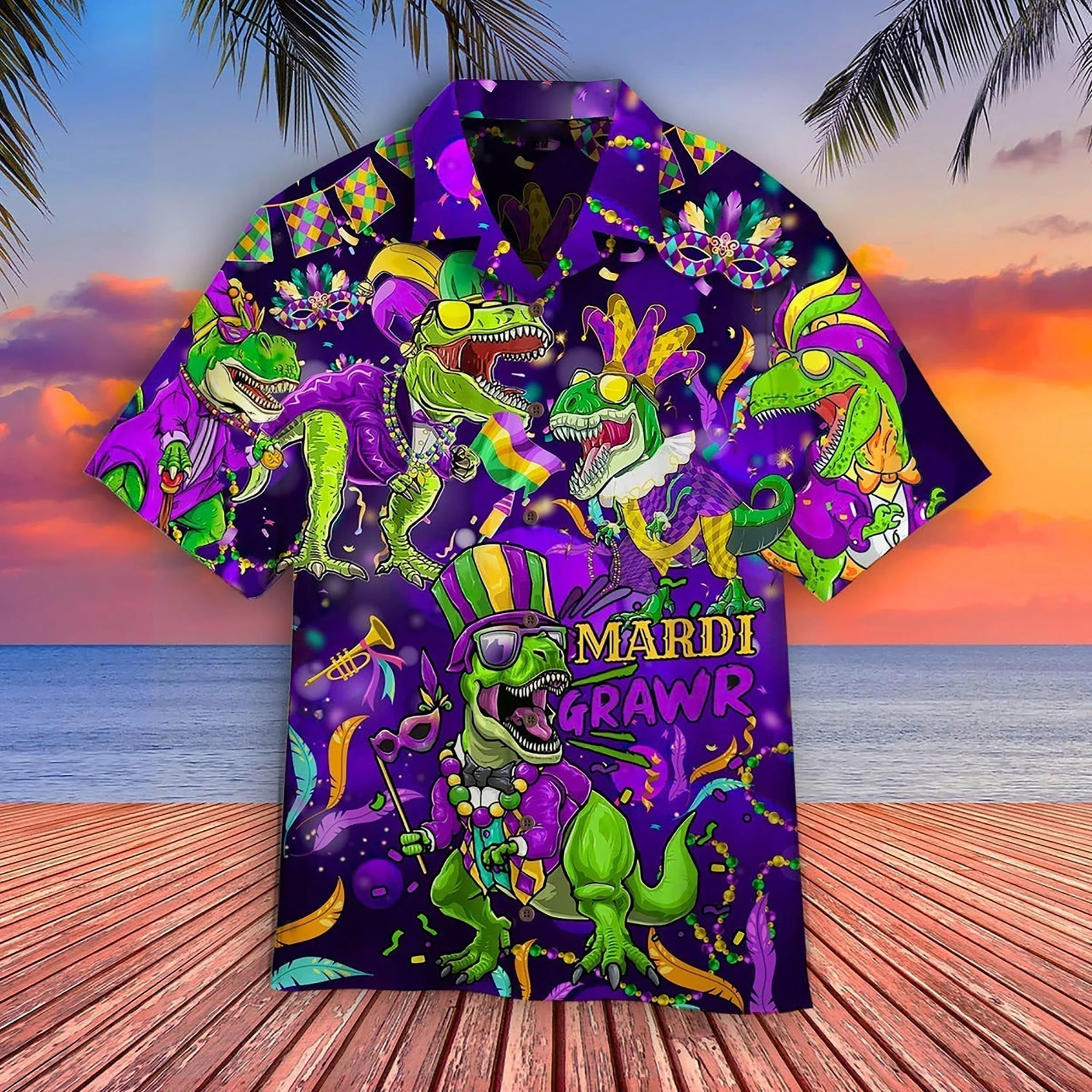 Dinosaur Happy Mardi Gras Trendy Hawaiian Shirts Fullsize For Men And Women