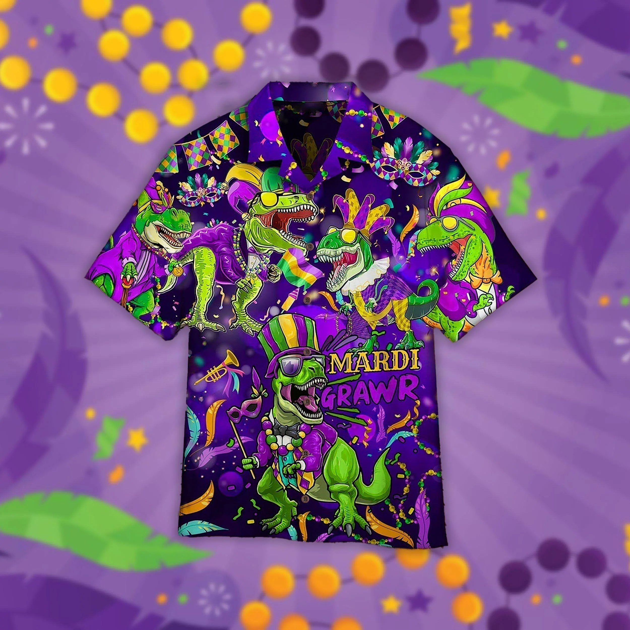 Dinosaur Happy Mardi Gras Trendy Hawaiian Shirts Fullsize For Men And Women