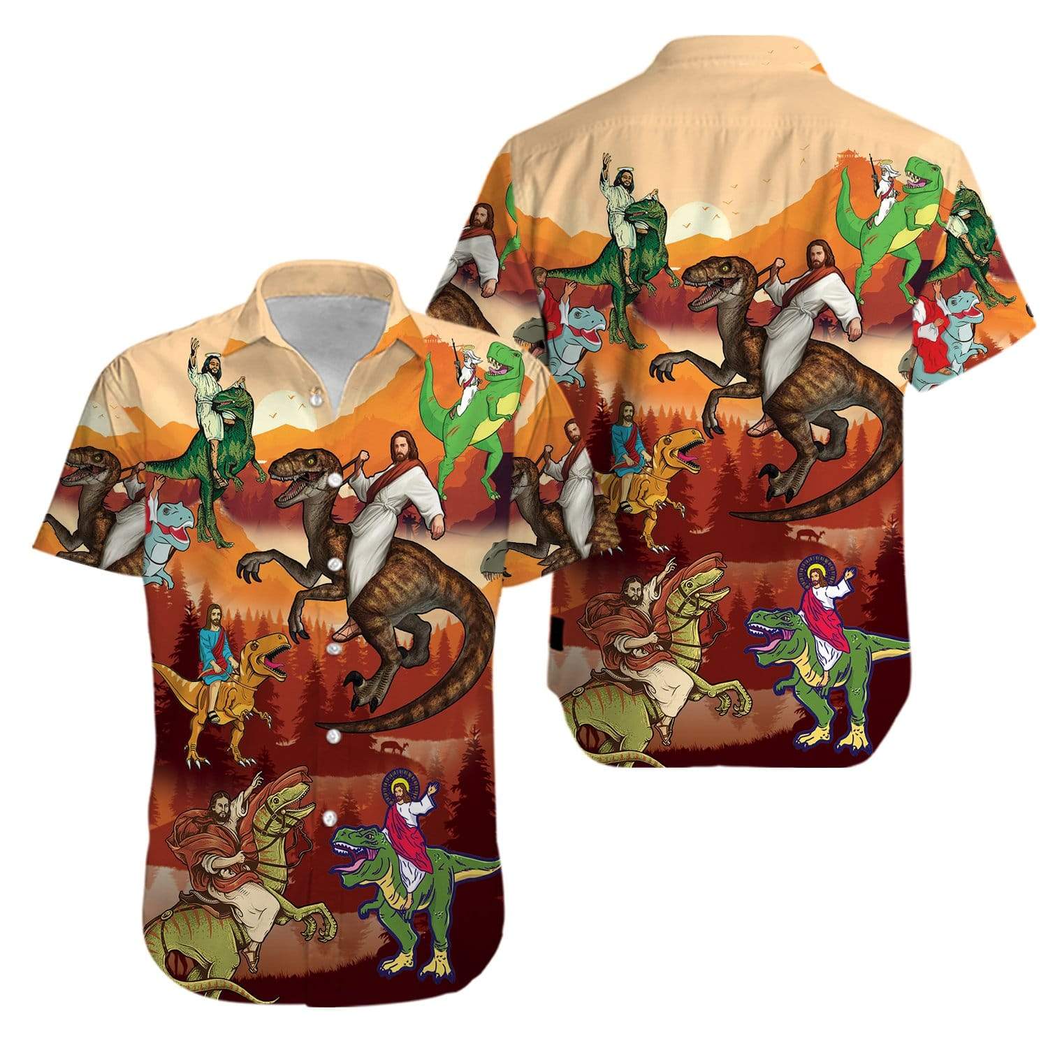 Dinosaur Hawaii Shirt Jesus Riding Dinosaur Pattern Orange Hawaii Aloha Shirt