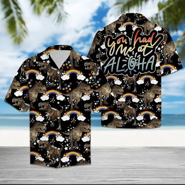 Dinosaur Hawaiian Shirt Dinosaur Pattern You Had Me At Aloha Rainbow Black Hawaii Shirt Dinosaur Aloha Shirt