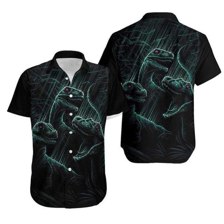 Dinosaur Hawaiian Shirt Scary Red Eyes Three Dinosaurs Black Hawaii Aloha Shirt
