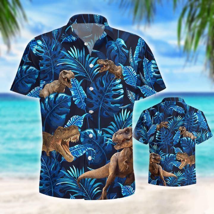 Dinosaur Hawaiian Shirt T-Rex Tropical Pattern Blue Hawaii Aloha Shirt