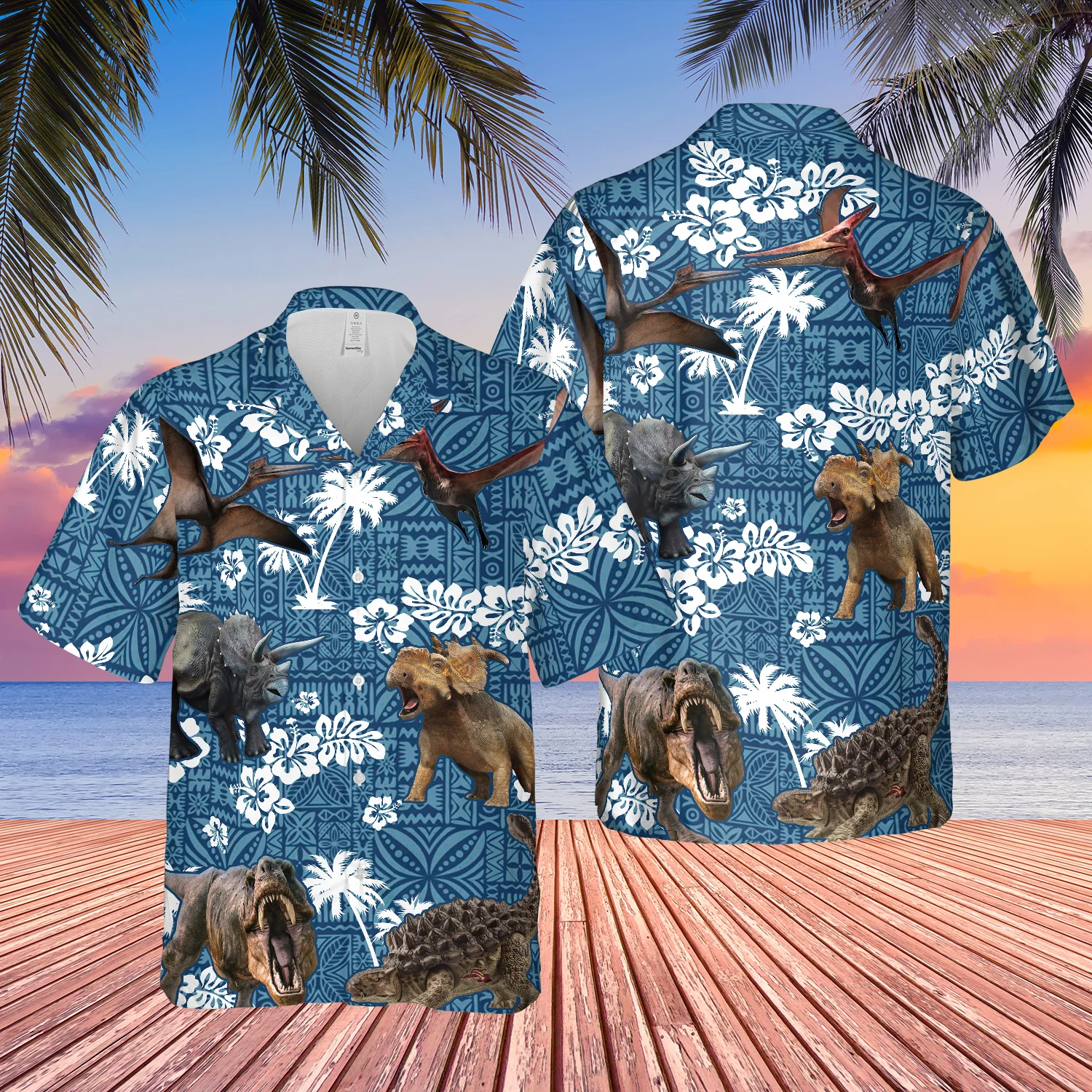 Dinosaur In Tribal Blue 3D Hawaiian Shirt Elegant All Over Print