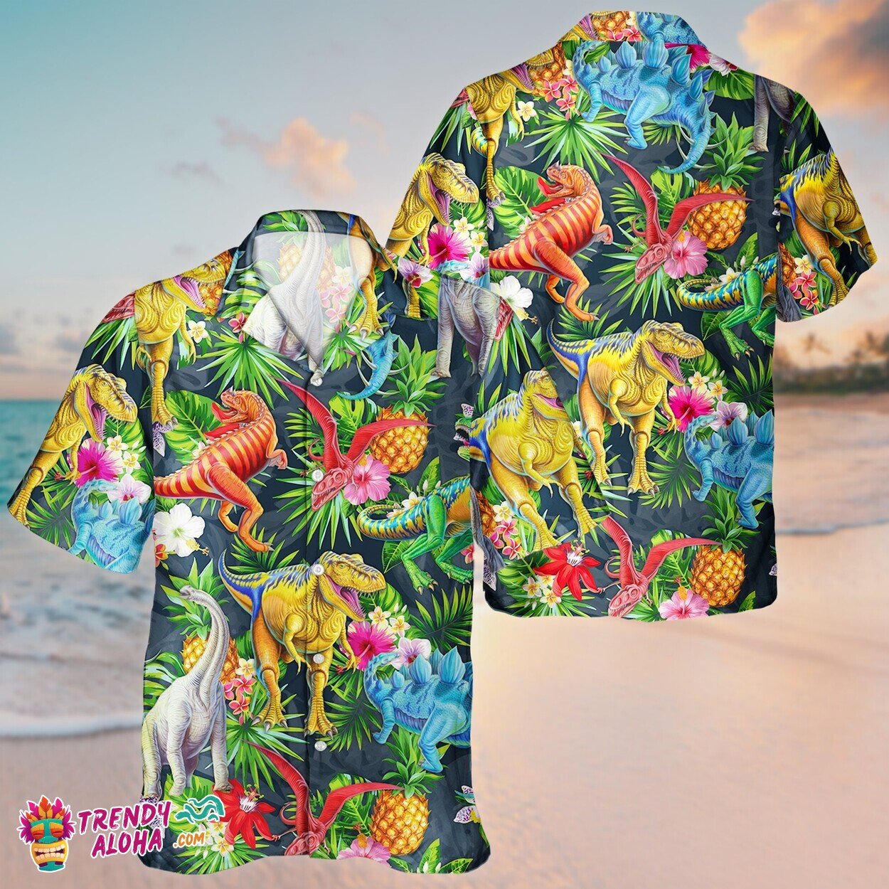 Dinosaur Lover Unisex Tropical Print Aloha Hawaiian Short Sleeve