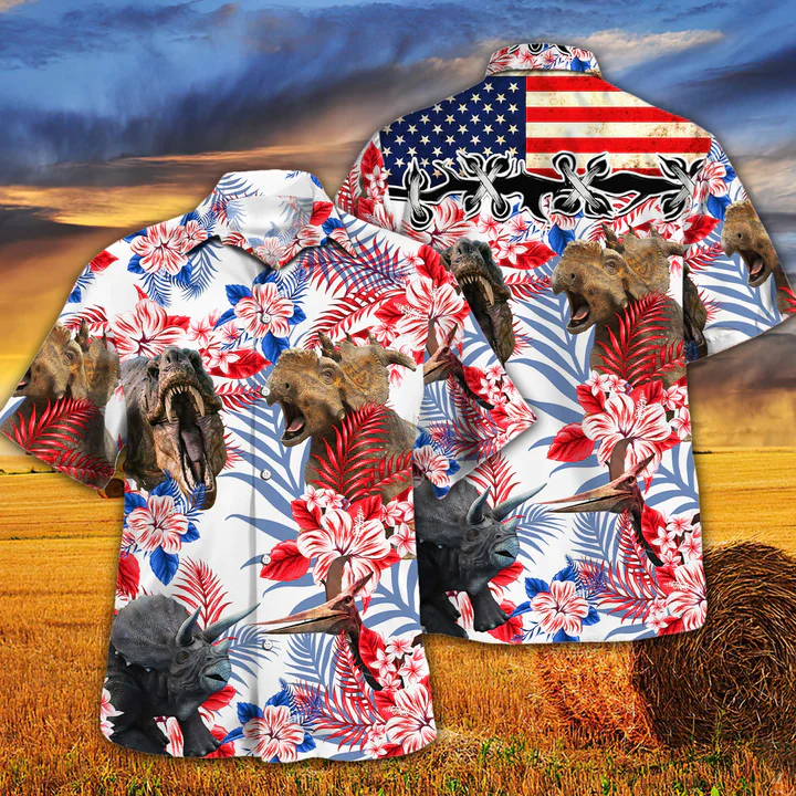 Dinosaur Lovers American Flag Trendy Hawaiian Shirt, Dinosaur Aloha Trendy Hawaiian Shirt, Flowers Aloha Shirt For Men, Women