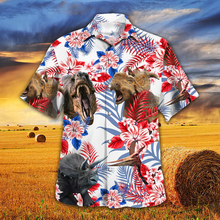 Dinosaur Lovers American Flag Trendy Hawaiian Shirt, Dinosaur Aloha Trendy Hawaiian Shirt, Flowers Aloha Shirt For Men, Women