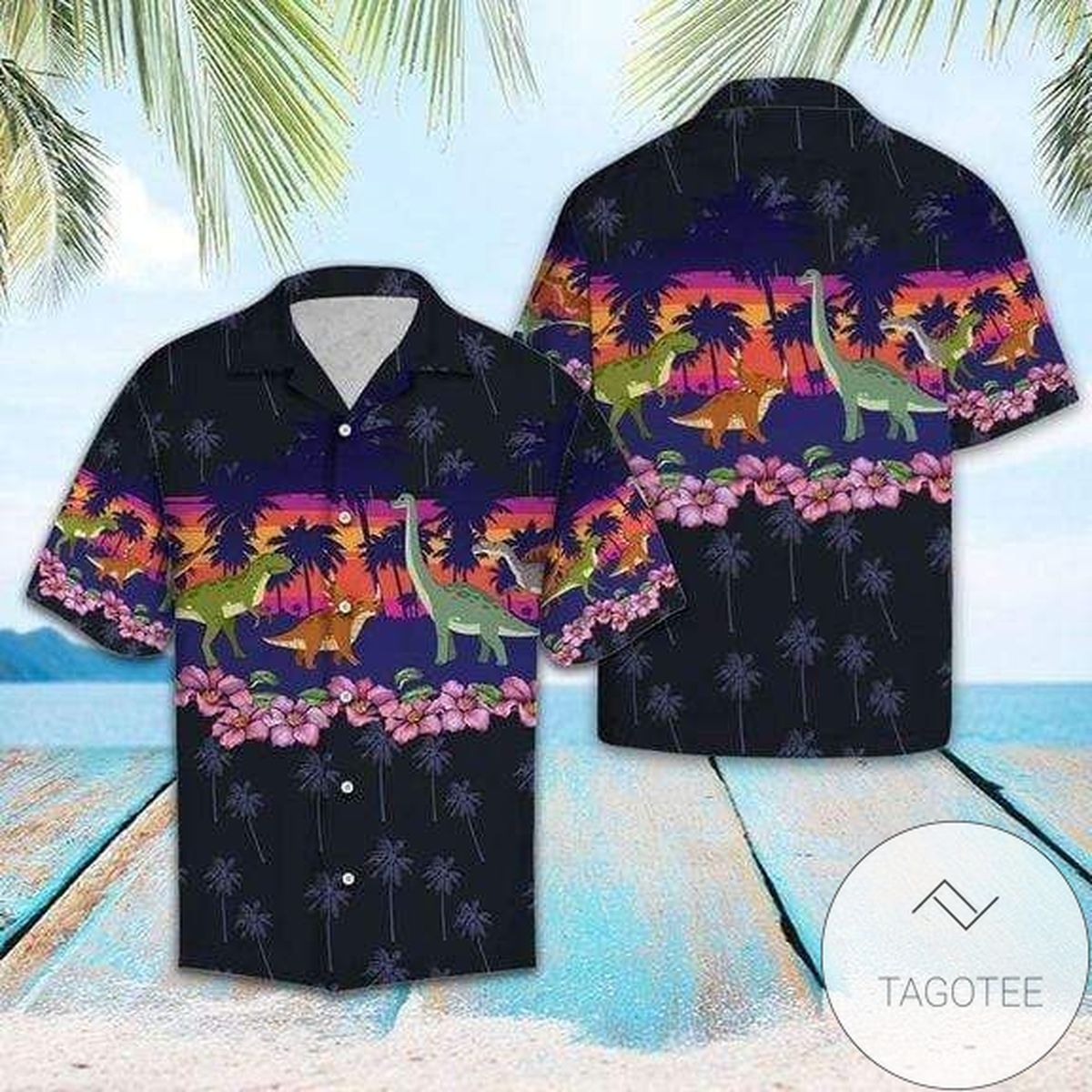Dinosaur Meets Tropical Fruit Vibrant Hawaiian Shirt Design