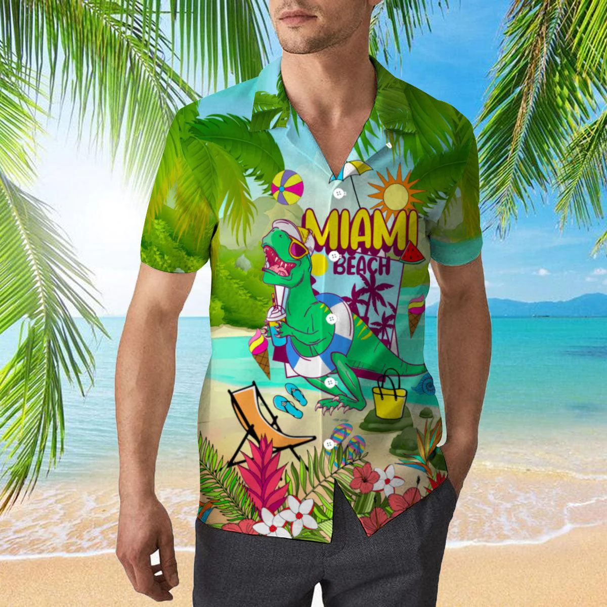 Dinosaur Miami Beach Summer Cool Trendy Hawaiian Shirt