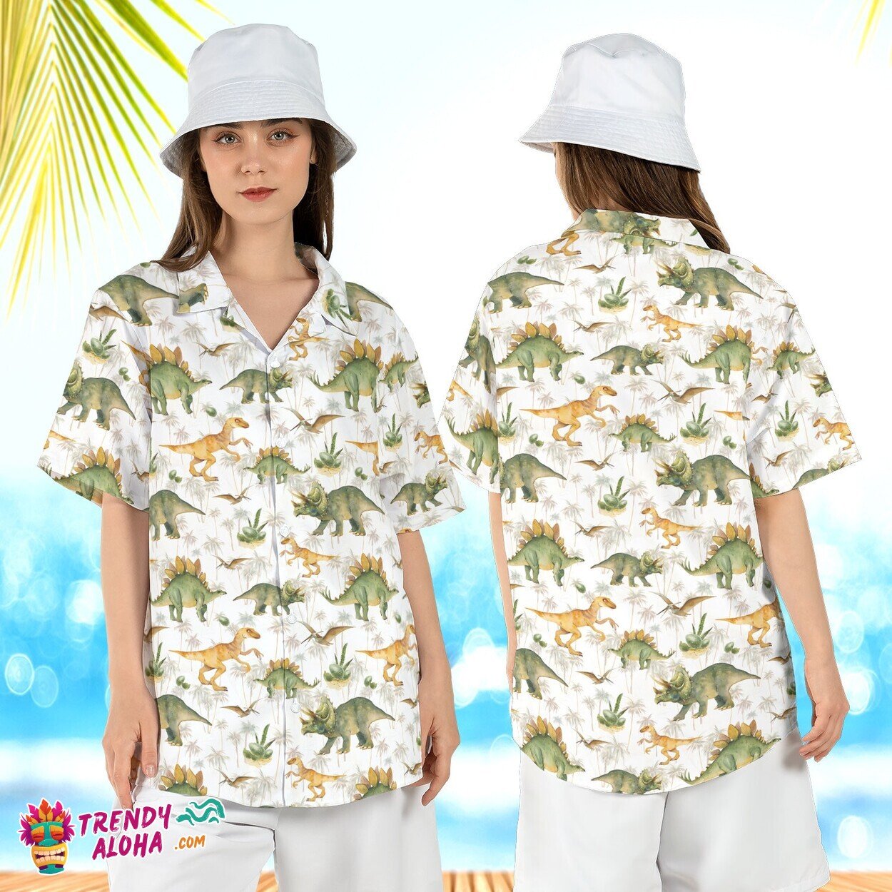 Dinosaur Palm Tree Jurassic Park Beach Summer Tropical Aloha Top