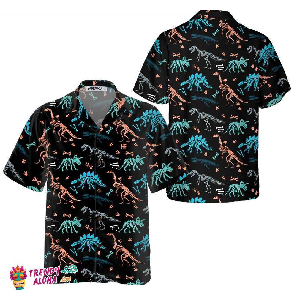 Dinosaur Skeleton Seamless Grunge Pattern Hawaiian Shirt, Funny Dinosaur Shirt, Cool Printed Dino Shirt For Adults