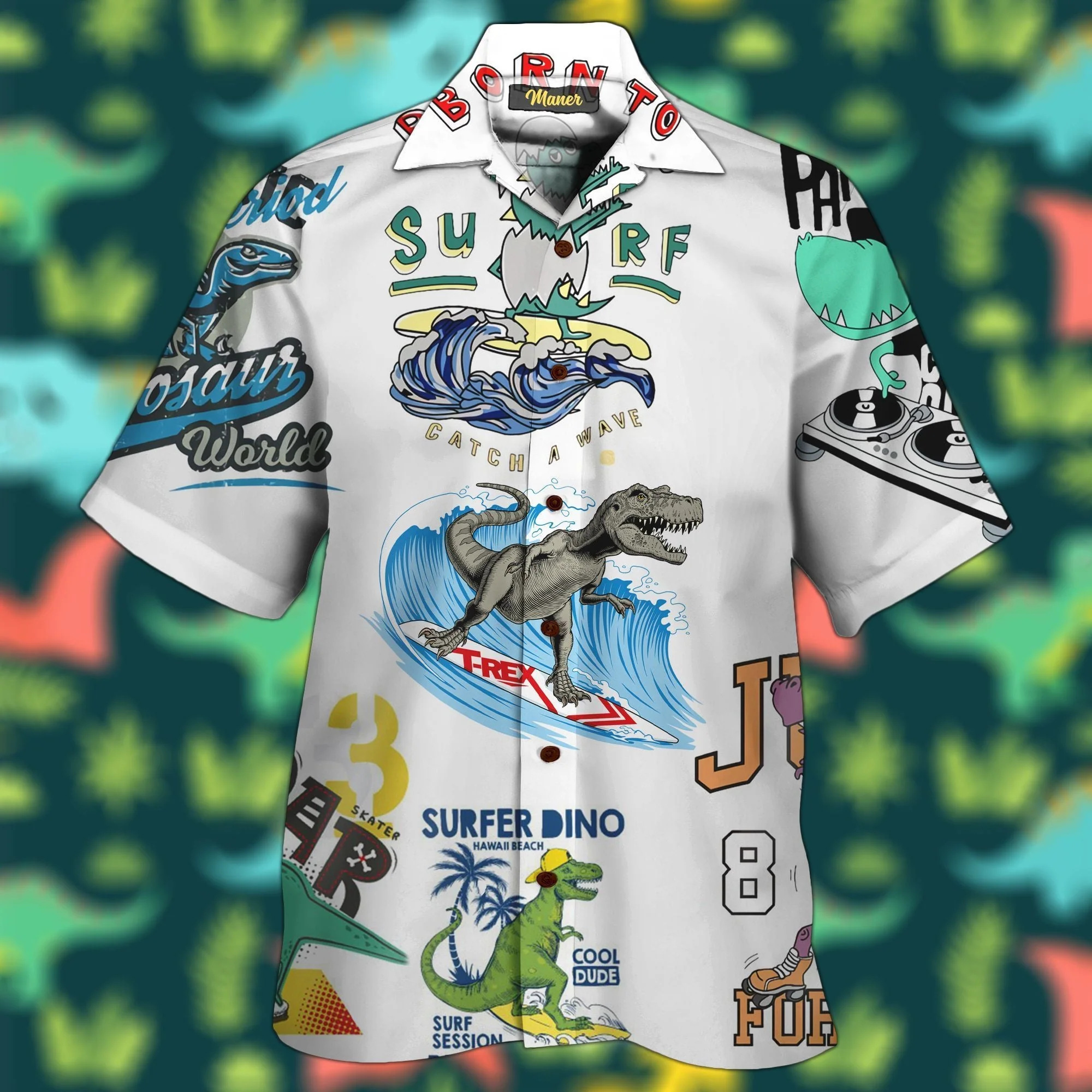 Dinosaur Trendy Hawaiian Shirt T-Rex Surfing Surfer Dino White Hawaii Shirt Dinosaur Aloha Shirt