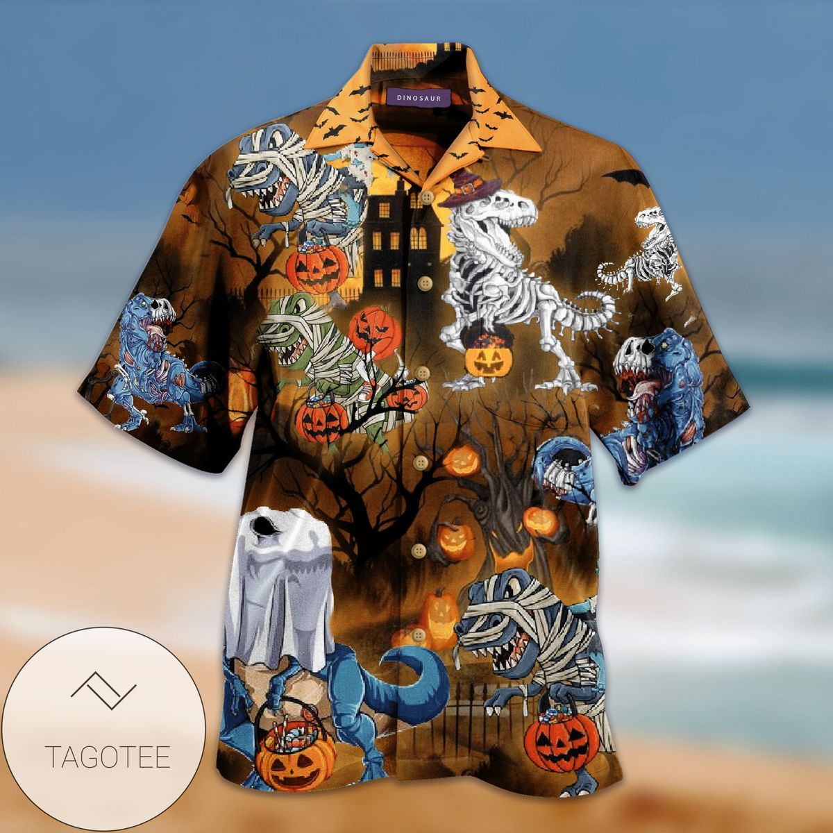 Dinosaurs Embrace Halloween’s Spook on Hawaiian Shirt