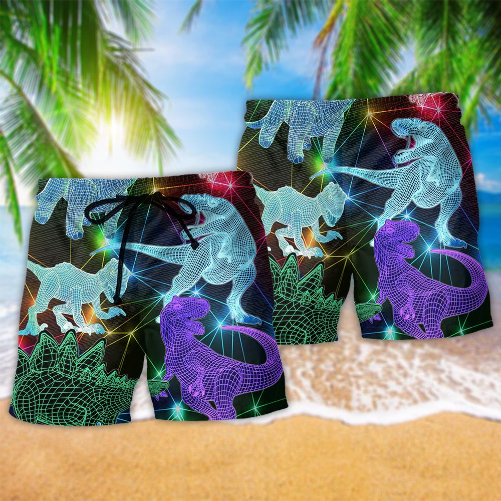 Dinosaurs Fullcolor Neon Style Colorful Trendy Aloha Hawaiian Beach Shorts